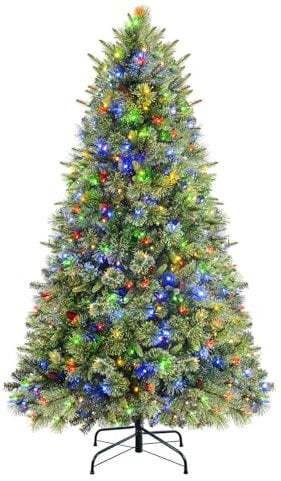 SHareconn 7ft Prelit Premium Artificial Hinged Christmas Pine Tree with 470 Warm White & Multi-Color Lights, 8 Light Modes, 1910 Branch Tips and Foldable Metal Stand, Easy to Assemble