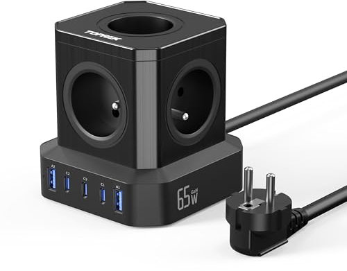 65W PD3.0 Multiprise USB Cube, TOPREK 10 en 1 Cube Rallonge Multiprise avec 5 Prises AC Française(4000W/16A), 65W 5 Ports USB Charge Rapide GaN Tech Multiprise Électrique avec Interrupteur, 2M Câble
