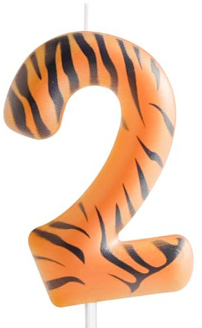 Zi Lan Vela de cumpleaños con diseño de tigre número 2, diseño de rayas de tigre de animales de la selva, decoración de tartas con temática de animales del zoológico para niños y niñas, suministros de
