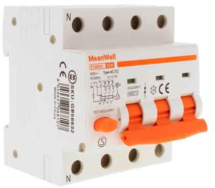 MeanWell Disjoncteur Différentiel Triphasé 300mA, Type AC Courbe C, 3P+N 6kA 300mA 380V, 4 Modules DIN, RCBO 3P+N C32 32A