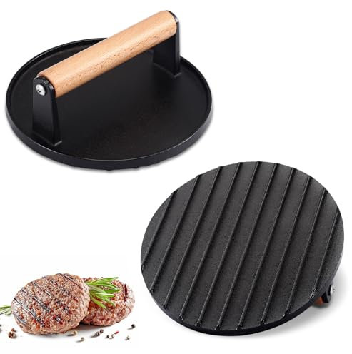 Vehoukli Burger Smasher Gusseisen Fleischbeschwerer 1 kg Groß Smash Burger Press Rund mit Hitzeabweisendem Holzgriff Grillpresse Burgerpresse für Burger Steaks Würstchen Speck Sandwiches