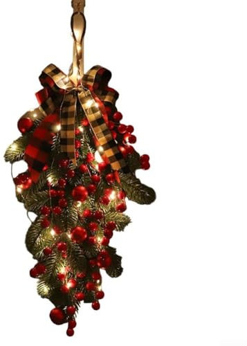 Corona de Navidad grande de pino natural con luces LED para decoración de puerta y pared (con luz)