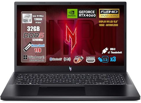 acer Notebook Gaming Nitro V 15, Intel Core i9-13900H, RAM 32GB DDR5, SSD 1TB, Display 15.6 FullHd IPS 180Hz, NVIDIA GeForce RTX 4060 8GB GDDR6,Wi-Fi 6, Thunderbolt 4.0,Tastiera Retroilluminata