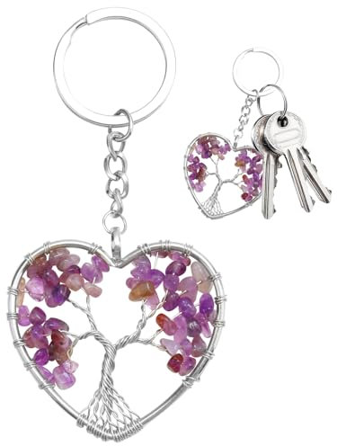 Porte Clef d'Arbre de Vie Original, Pendentif 7 Chakra Bijoux Guérison Forme Coeur en Cristal Coloré Décoration Chic pour Couple Ami Cadeau Porte Bonheur pour Anniversaire Saint Valentin (C:violet)