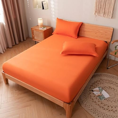 KnSam Betttuch 90x200cm rutschfest, Spannbettlaken Einfarbig Orange Textilien Klassische, Baumwolle Tagesdecken für Boxspringbett & Wasserbett