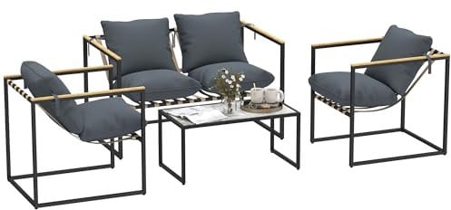 Outsunny Stahl Gartenmöbel Set 4 Personen wetterfest Balkonmöbel-Set mit 2er Sofa 2 Sessel, Sitzkissen, Beistelltisch, Outdoor Sitzgruppe Terrassenmöbel Gartengarnitur für Garten Terrasse Balkon Grau