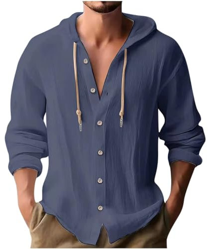 Linen Hoodies for Men UK Sale Clearance Summer Cotton Linen Shirts with Hood Plain Hooded Tee Tops Casual Drawstring Solid Color Comfy Button Down Regular Fit Cotton Shirt Top Navy