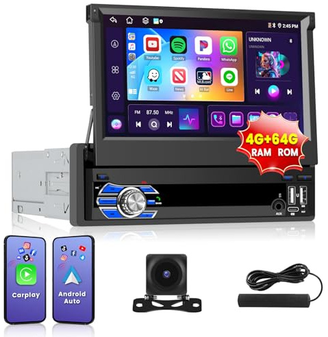 Inefala 4G+64G Android 15 Autoradio 1 DIN con Wireless CarPlay Android Auto, 7 Pollici Schermo a Scomparsa Stereo Auto Bluetooth con DSP GPS WiFi AM/FM/RDS-Radio UAB-A&C SWC MIC Retrocamera