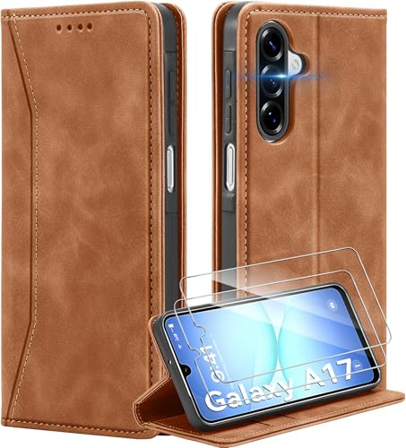 Deisyzy Lederhülle für Samsung Galaxy A17 5G Hülle, Braun | 2 Schutzfolie Premium Leder Handyhülle Kartenfach Klapphülle Standfunktion Flip Wallet Case Stoßfest Hülle mit Samsung A17 5G