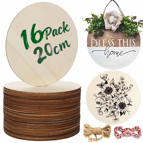 16Pcs Unfinished Round Wooden Circles, 20cm / 8 inch Diameter, 3mm Thick, Plain Natural Blank Wooden Discs for Painting, Craft, Sign Plaque and Home Decoration