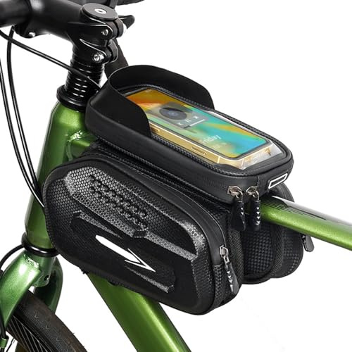 SOUUXIU Fahrrad Rahmentasche Wasserdicht Fahrradtasche Rahmen Handytasche mit TPU Sensitivem Touchscreen für Smartphone unter 7 Zoll, Lenkertasche Oberrohrtasche für Montainbikes, (Schwarz)