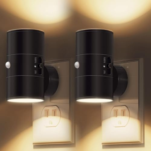 Plugify One Stecker Lampe Mit Bewegungsmelder, Plugify One Steckerlampe, Zylindrisches Design, Energiesparend, Warmweiß, Ideal für Schlafzimmer, Flur, Kinderzimmer, Treppen, Bad (Schwarz 2-Pack)