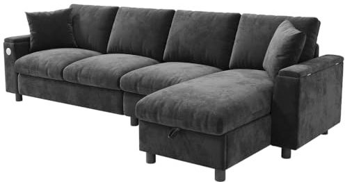 SHAIRMB L-Sofa aus Samt, viersitzig, mit Eckablage, Links und rechts verstellbar, seitliche Armlehnen mit Zeitschriftentaschen, Rückenlehne mit Knopfheftung,Gray + Chenille