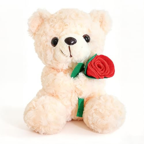 XWDEEX Teddy Plüschtier, 25cm Teddybär mit Rose, Teddybären Rose Stofftier Spielzeug, Plüschtier Bär Kuscheltiere Geschenke für Mama, Kinder Mädchen, Geburtstag, Valentinstag