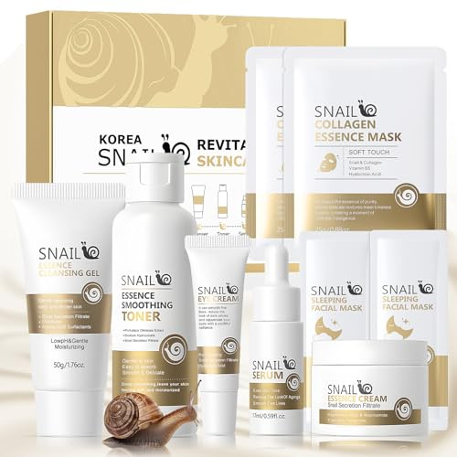 Schnecken Skincare Set Korea, Gesichtspflege Set Damen, Skin Care Set Snail Mucin mit Reinigungsmilch, Toner, Schneckencreme, Augencreme, Snail Serum, Schlafende Gesichtsmaske, 9 Stück