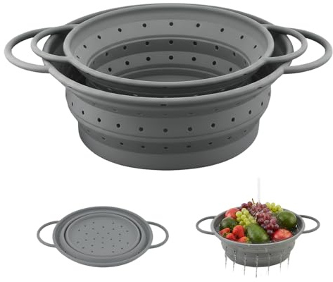 HMCEY 2 Stück Faltbares Sieb Silikon 2 Größe,Nudelsieb Faltbar Mit Griff,Klappbares Küchensieb Abtropfsieb,Strainer Silicone,Seiher Sieb Hitzebeständig Spülmaschinenfest für Gemüse, Nudeln - Grau