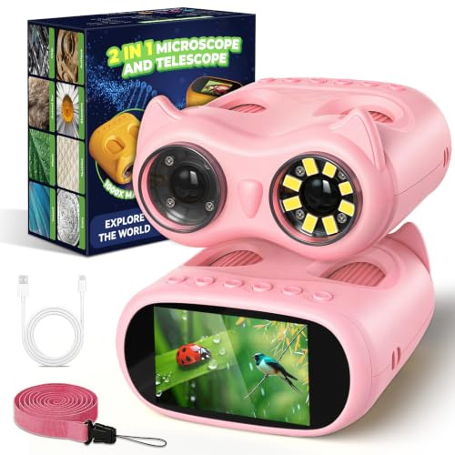 Microscope de poche 3 en 1 pour enfants, microscope portable 1000x et jumelles 10x pour enfants et appareil photo et caméra vidéo – Kits scientifiques STEM Toys – Cadeaux pour filles et garçons âgés