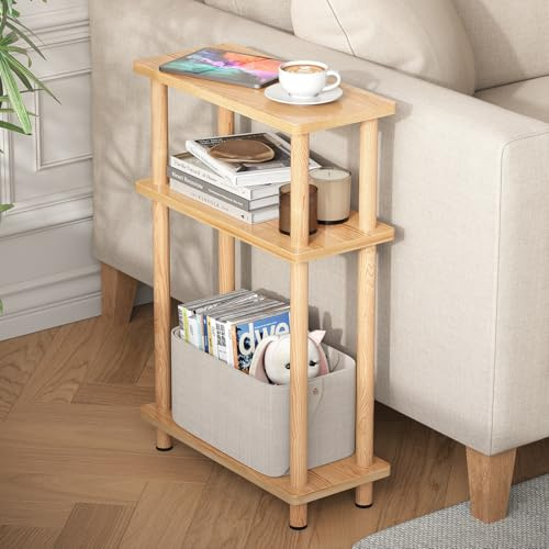 YOUDENOVA Beistelltisch Holz, Beistelltisch Schmal, 40x18x61.5 cm, 3 Tier Kleiner Tisch Für Wohnzimmer, Schlafzimmer, Balkon, Beistelltische Natur