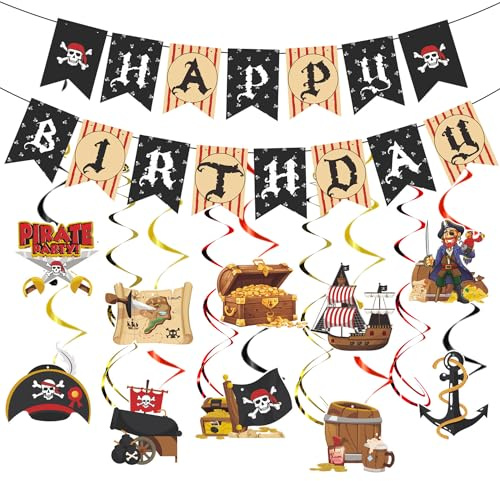 Yomover Piraten Deko Kindergeburtstag, 12 Stück Happy Birthday Girlande Banner Hängende Wirbel Dekorationen, Piratengeburtstag Geschenke Für Junge Mädchen