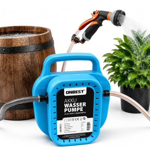 ONBEST Akku Wasserpumpe Komplettset: Schlauch, Brause, Filter & Ladegerät | 10 m Schlauch, 8000 mAh Akku, selbstansaugend, 8 bar – Regentonne