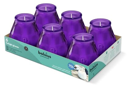 Bolsius – Outdoorkerzen - 6 Stück - Im Glass - Lila - Brenndauer 70 Stunden - Ohne Palmöl - sauberes Abbrennen - Baumwolldocht