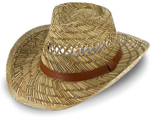 fiebig Sombrero de Paja Australiano para Hombre y Mujer | Sombrero de Vaquero para el Sol | Sombrero Occidental con Cinta de Imitation a Cuero | Sombrero de Cowboy con Borde Cosido (56-M)
