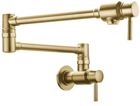 BAGNOLUX Grifo de llenado de olla de cocina de latón boquilla de montaje en pared solo agua fría mango de doble palanca con doble articulación brazo oscilante grifo de fregadero oro cepillado