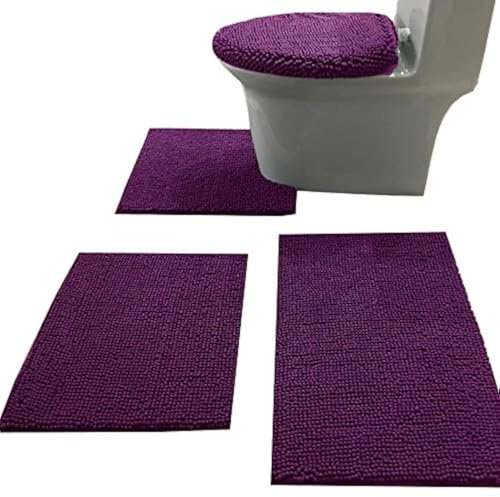 Madeals Badteppich-Set, 4-teilig, mit WC-Deckelbezug und Teppich-Set, weich, zottelig, 3-teilig und U-förmiger WC-Vorleger, Violett
