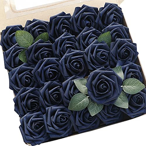 Floroom Artificial Flowers 25pcs Real Looking Navy Blue Foam Fake Roses with Stems for DIY Wedding Bouquets Bridal Shower Centerpieces Party Tables Home Decorations
