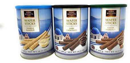 FEINY BISCUITS Waffelröllchen-Set, 1x Vanille, 1x Schoko-Haselnuss, 1x Dunkle Schokolade