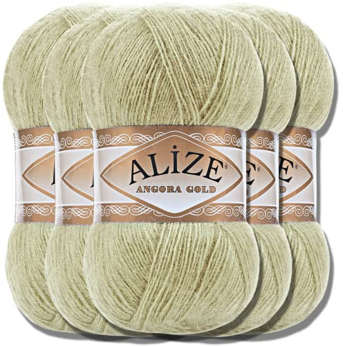 Hobby YARN Alize 5x 100g Angora Gold Türkische Premium Wolle Dünne Mohair aus Schurwolle Babywolle als Strickgarn Handstrickgarn Einfarbig Uni Yarn (Pastel Green |267)