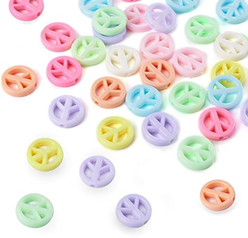 PandaHall 100 Stück undurchsichtige Acrylperlen, 16 x 3 mm, flach, rund, mit Peace-Zeichen, Acrylperlen, lose Perlen für Bastelarbeiten, Schmuckherstellung, zufällige Farbauswahl