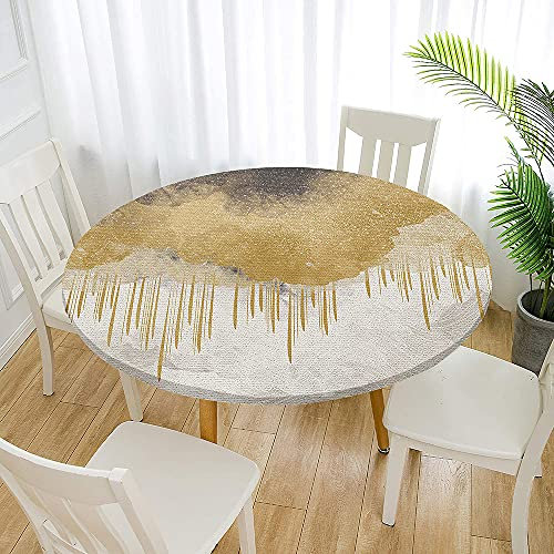 Morbuy Rund Tischdecke Elastisch, Graffiti Rund Tischdecken Wasserdicht Lotuseffekt Abwaschbar Abwischbar Tischtuch für Garten Outdoor Küchentisch (Für Tisch 50-60 cm,beige-Gold)