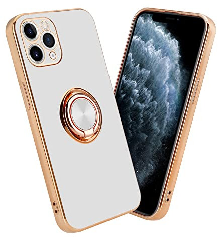 cadorabo Case compatible with Apple iPhone 11 PRO MAX in Glossy White - Gold with ring - Protective cover made of flexible TPU silicone, with camera protection and magnetic car holder