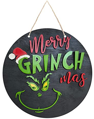 Weihnachtskranz Grinch, Weihnachtstürschild Dekoration,lustiges Willkommens Haustürschild, grüner Kranz, Haustürkranz, 30 x 30 cm, Holz Bauernhaus Veranda Dekoration