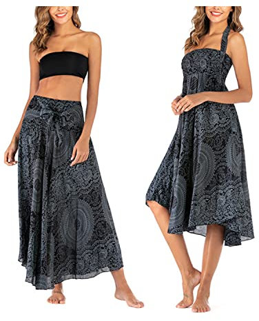 JENJON Femme Robe Imprimé Fleurie Ete Boheme Jupe Style Ethnique 2 en 1 sans Manche Plage Strap Wrap Taille Unique A-Noir