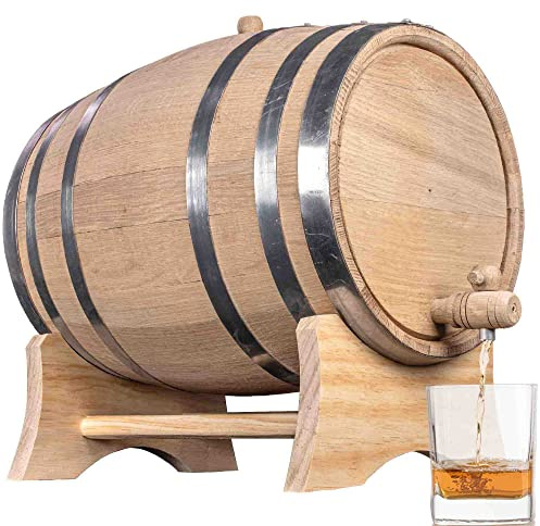 3,5 Liter Eichenfass (Distillerie-Serie, Stahlreifen, unlackiert) mit Holzständer, Stöpsel und Zapfhahn – 5 Liter verkohlte Eiche Bourbon Whiskyfässer für den Heimbrauer, Destillator, Weinhersteller