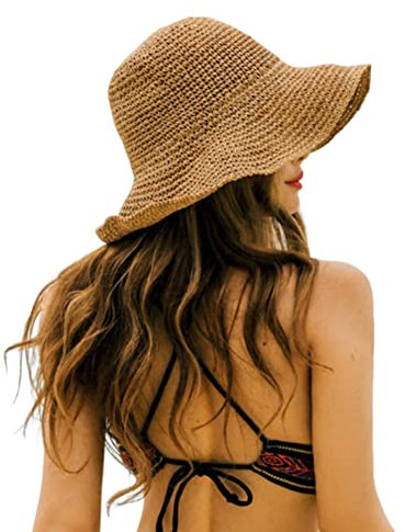 SunaOmni Sombrero De Playa Para Mujer De Verano De Paja De Ala Ancha Plegable Caqui