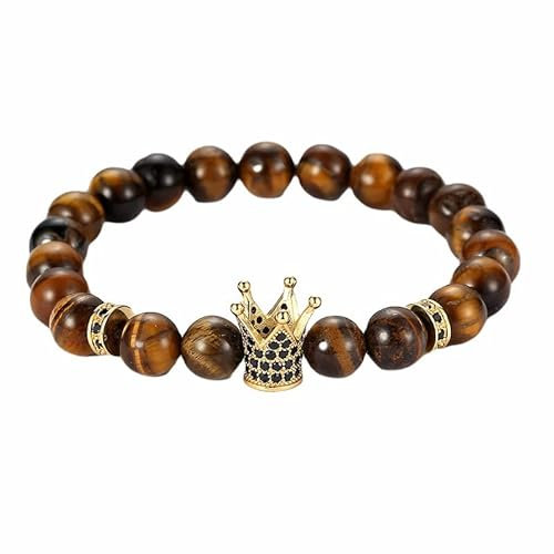 BCughia Edelstein Armband Perlen, Armbänder Gold Braun Rundschliff Katzenauge Bead Kette 8 mm Tigerauge Krone Stretch Armband Schmuck Geschenk 19cmx8mm