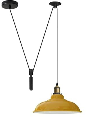 LEDSone Großer Metall-Deckenstrahler mit 2 m Kabel, höhenverstellbar, Edison-Fassung 60 W E27, Vintage-Industrie-Stil, mit Seilrolle. (Gelb)