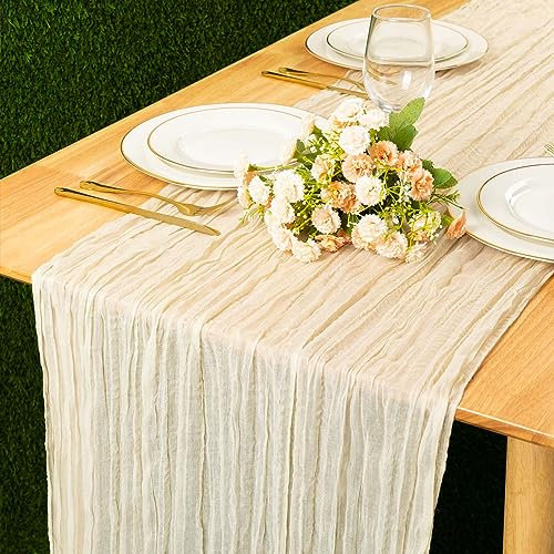 Kesfey Seihtuch-Tischläufer, rustikaler Gaze-Boho-Tischläufer für Hochzeit, Brautbankett, Dekoration, Party, Festivals, 90 x 400 cm, Beige, 35 cm lang