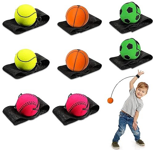BNGXR Springball mit Schnur, 8 Stück 6cm Handgelenk Return Ball mit Gummiband, Gummi Bouncy Ball, Sport Spielzeug für Kinder Erwachsen (Fußball, Basketball, Tennisbälle, Baseball)