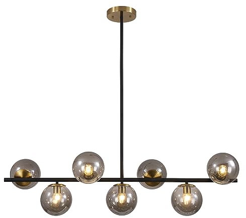 KCO Lighting - Lámpara colgante lineal para cocina, color negro y dorado, lámpara de araña moderna de mediados de siglo, 7 luces, globo de vidrio ahumado, candelabro redondo vintage largo para comedor