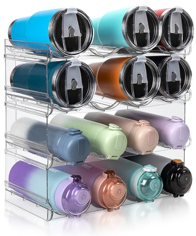 spospo Stackable Water Bottle Organizer, Large Compartment Water Bottle Holder, 4 Tier Clear Water Bottle Organizer for Cabinet, Bottle Rack for Kitchen Organization and Storage - Hold 16 Bottles
