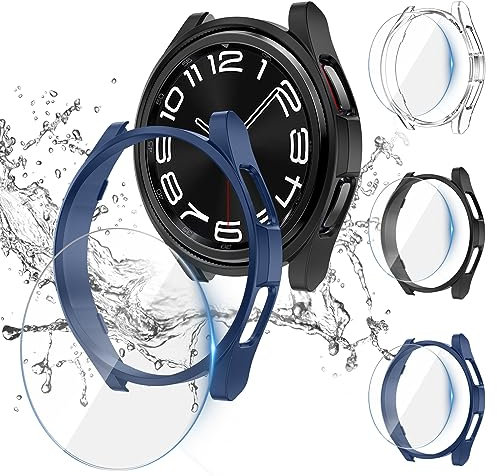 [3+3Stück] Kamita Hülle für Samsung Galaxy Watch 6 Classic 47mm mit Displayschutzfolie, 3 Hartglas Schutzfolie und 3 Hart PC Bumper Case Schutzhülle für Galaxy Watch6 Classic (Klar+Schwarz+Blau)