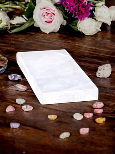 4All Plato rectangular de carga de cristal de selenita, rebanada blanca, 20 cm x 10 cm, piezas de declaración hechas a mano para meditación, limpieza y decoración del hogar (pulido)