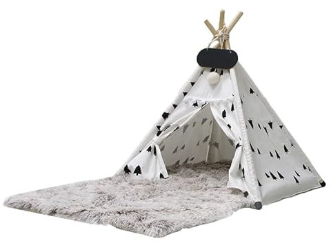 Whiwhi Tipi Zelt für Haustiere mit Plüsch Hundematte Luxery Hundezelt Abnehmbar und Waschbar Haustierzelte Tragbar Haustierbett Multifunktionales Hundebett Katzenzelt 50x50x60cm