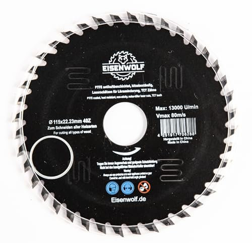 Hoja de sierra circular de 115 x 22,23 mm para madera con 40 dientes TCT inclinados, revestimiento antiadherente de PTFE y cortes láser para reducción de ruido