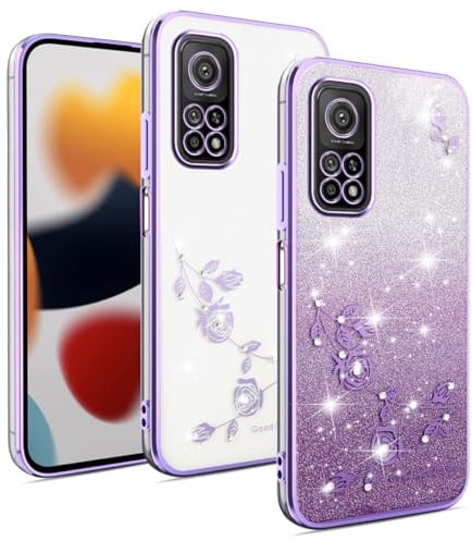 YUXING Transparente Glitzer Hülle für Xiaomi Mi 10T 5G / Mi 10T Pro 5G, Mädchen Frau Schlanke Flora Muster Bling HandyHülle, TPU Brillant Schutzhülle (Purple)