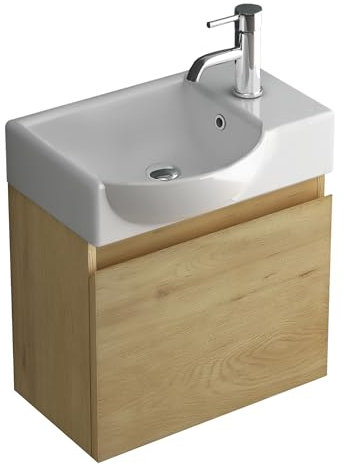 Alpenberger Waschtisch mit Unterschrank | Gäste WC Waschbecken Klein 45 cm Breit | Aufsatzwaschbecken mit Waschbeckenunterschrank | Badmöbel Hängeschrank | Waschtischunterschrank Eiche Natur